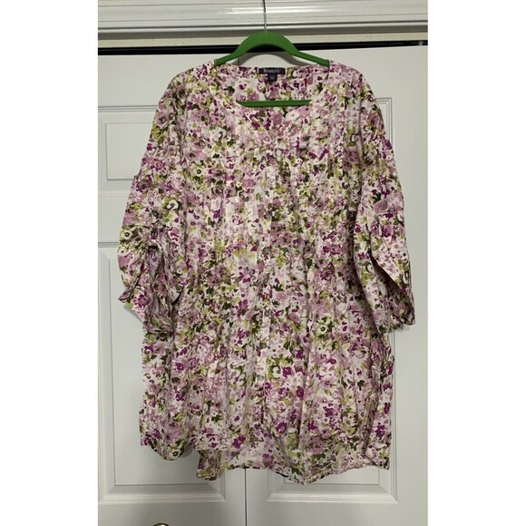 Roaman's 100% Cotton Floral Pintuck Cottage Core Button Front Tunic Blouse 32W - Picture 1 of 7